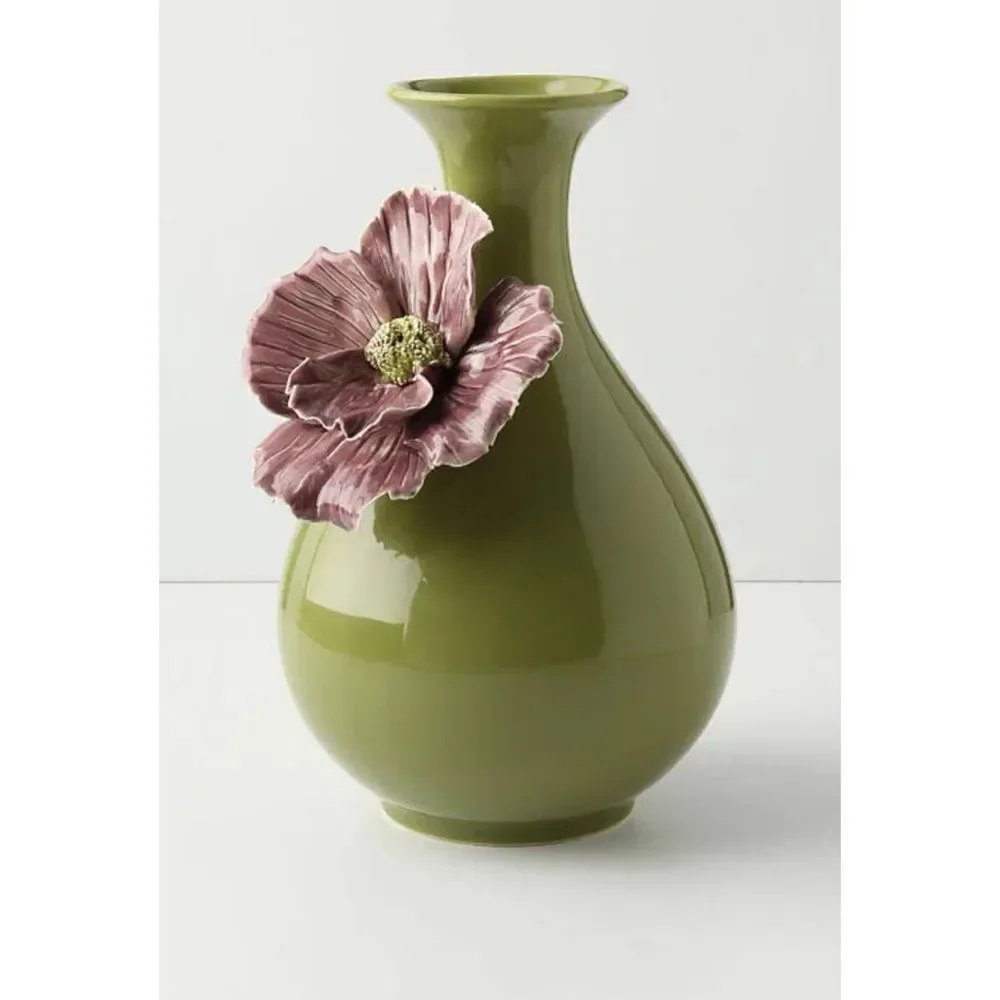 Anthropologie Rose of Sharon Grand Purple Flower On Olive Green Vase 9”x6”~ New